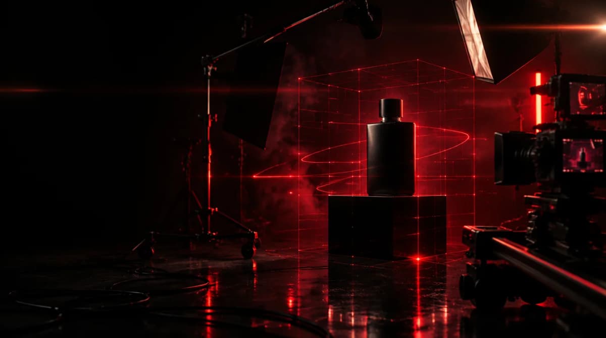 AI commercial being produced on a red-lit studio set — Wish Master AI Commercial Production